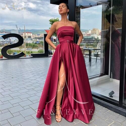 Sexy Burgundy Satin Strapless Evening Dresses Side Split A-Line Special Occasion Prom Gowns Plus Size Formal Dress