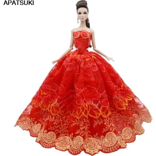 Red Lace Wedding Dress For Barbie Doll Outfits Fashion Doll Clothes Princess Noble Party Gown For 1/6 BJD Dolls Accessories