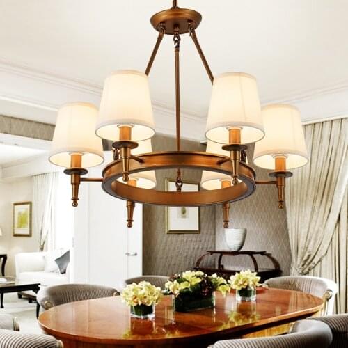 Led Chandelier American Country Wrought Iron Lustre Bedroom Kitchen Living Room Ceiling Lamp Fixtures Lighting Fabric Lampshade