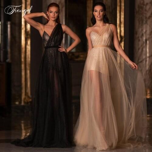 Traugel Shiny Sweetheart A Line Long Prom Dresses Glitter Spaghetti Strap Backless Elegant Tulle Evening Party Gowns Plus Size