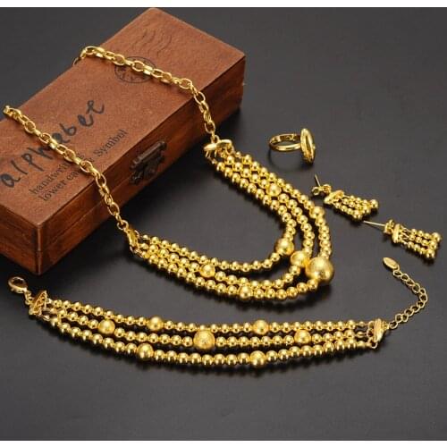 Three rows Big Little Prayer Beads neck chain Pendants Earrings Ring Bangle Set 24k Fine Yellow Solid Gold Finish jewelry set