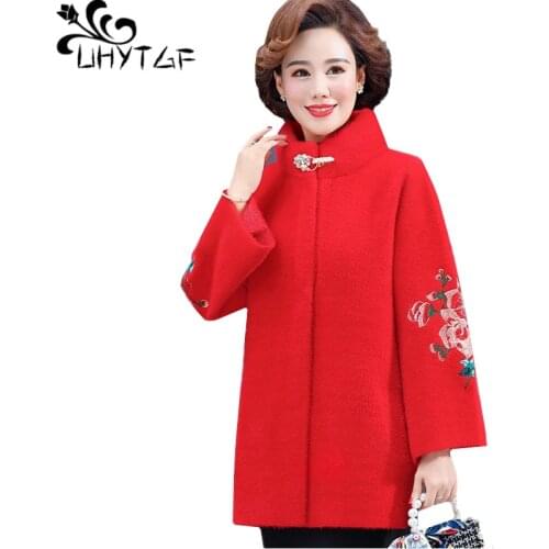 UHYTGF Quality Mink Fleece Wool Coat Women Mid-Length Casual 4XL Plus Size Jacket Fashion Embroidery Elegant Mother Clothes 1113