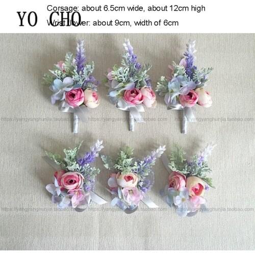 YO CHO Boutonniere Pin Wrist Corsage Bracelet Bridesmaid Wedding Witness Silk Roses Groom Boutonniere Buttonhole Corsage Flowers