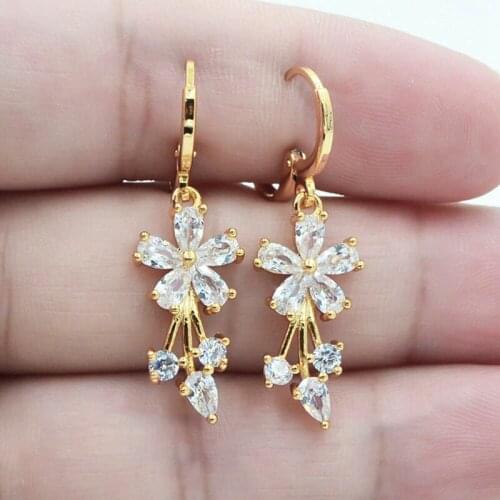 Yellow Gold Color Filled Women Elegant Crystal Flower Topaz Zircon Drop Earrings Birthday/christmas Party Gift Bijouterie