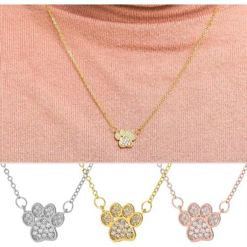 Women Paw Crystal Pendant Necklace Charm Footprint Dog Paw Rhinestone Necklace Zircon Clavicle Chain Necklace Jewelry