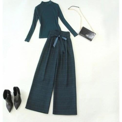 Fashion suit female spring/winter New Dark green plus velvet bottoming shirt + high waist wide leg pants Two-piece suit women