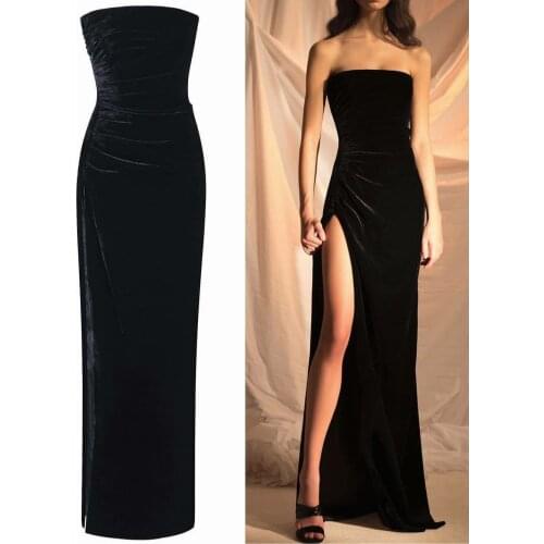 Elegant Long Black Pleated Velvet Evening Dresses with Slit Corset Back Floor Length Abendkleider Robes de Soirée for Women