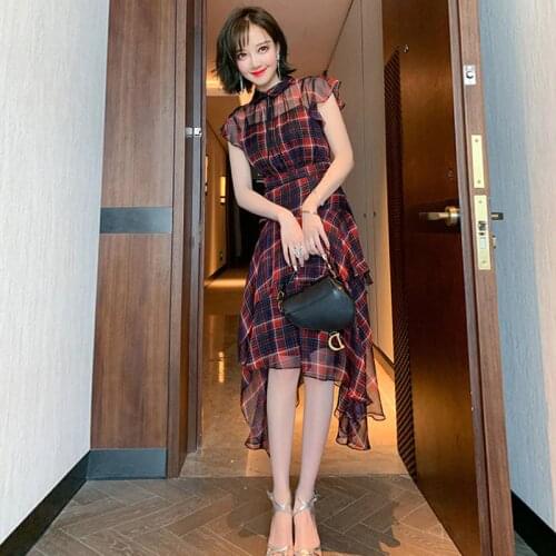 2021 Elegant Asymmetrical Dress Women High Street Plaid Turn Down Collar Work Ruffles Party Dress Summer Roba femme robe BC083