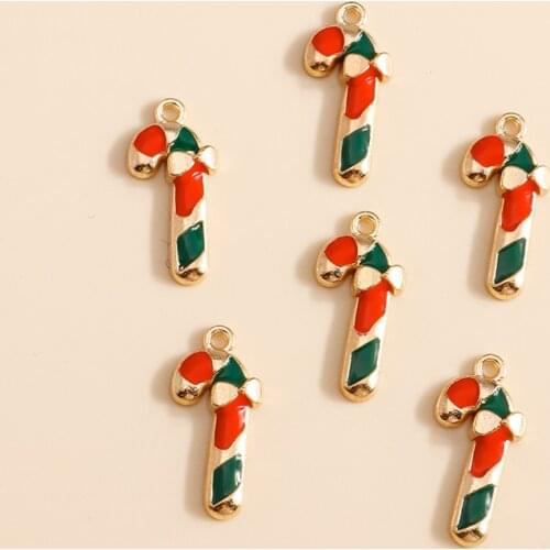 10pcs 8*19mm Enamel Christmas Candy Cane Charms for Bracelets Pendants Necklaces Handmade Craft DIY Jewelry Making Accessories