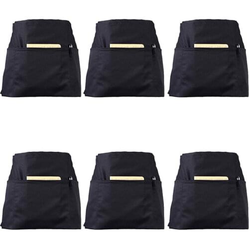 6 Pack Black Waist Aprons with 3 Pockets - Half Aprons for Waitress Waiter 24 x 12 Inch Server Aprons for Holding Server Book Gu