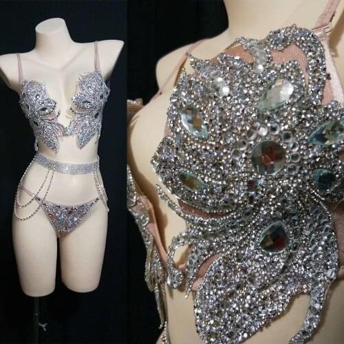 Shining Rhinestone Bikini Outfit Women Sexy Party costumes Bra Short Silver Bikinis Stage Dance Nightclub performance costume