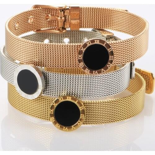 Fashion Women Men Bracelet Stainless Steel Watch Belt Black Shell Roman Numeral Strap Bangle Wrist Fine Jewelry Party Gifts