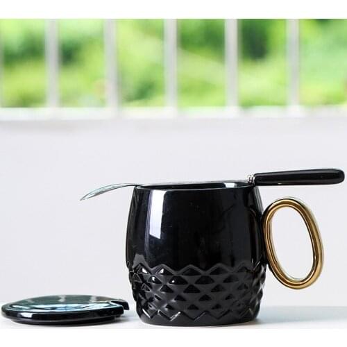 Ins Nordic Ceramic Mug Creative Gold Plated Handle Coffee Cup Couple Cup Gift Ceramic Cup Office Simple with Lid and Spoon