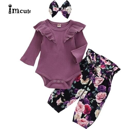 Imcute 3PCS Infant Baby Girl Clothes Long Sleeve Crew Neck Ruffle Bodysuits+ Floral Pants + Bow Headband Outfits Set 0-24M