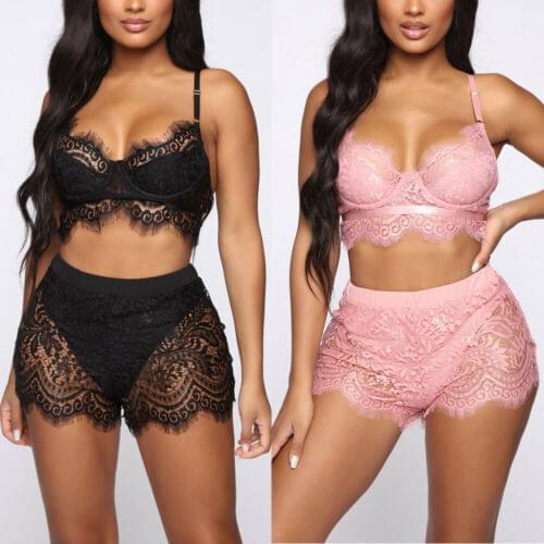 Women Sexy 2Pcs Lace Lingerie Set Babydoll Solid Color Low-cut Bra Panties Set Ladies Exotic Underwear Set Sleepwear Nightwear