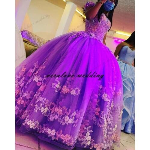 Lavender Ball Gown Quinceanera Dress 2021 Off Shoulder Appliques Lace 3D Flowers Vx De Quinceanera Prom Party Gowns
