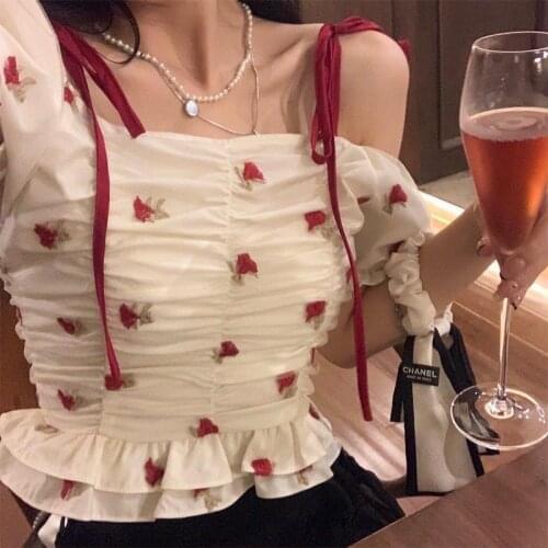 Summer Floral Casual Blouse Tops Women 2021 Bandage Design Puff Sleeve Kawaii Sweet Blouse Shirt Off The Should Sexy Blouse Tops