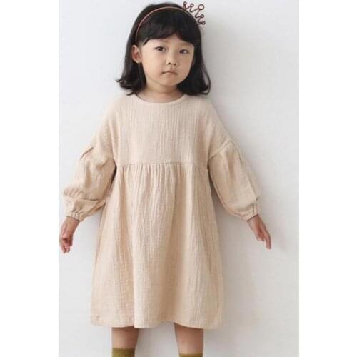 2021 Autumn New Baby Girl Cotton Linen Dress Long Sleeve Kids Dress For Girls Lantern Sleeve Casual Dresses Children Clothing