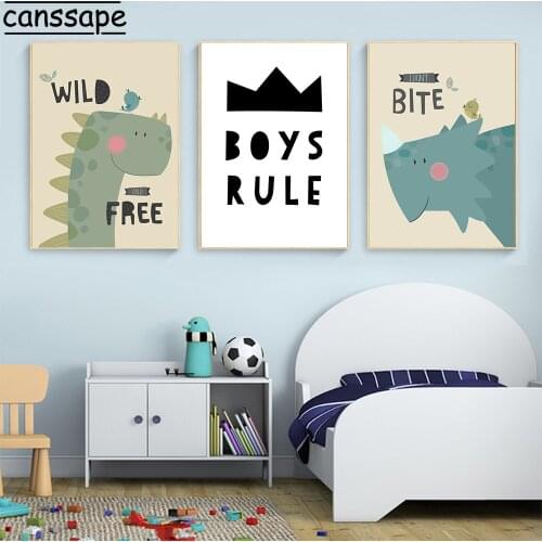 Boys Rule Nursery Wall Art Canvas Print Dinosaur Poster Art Painting Nordic Kids Room Decorative Picture Baby Room Decoration