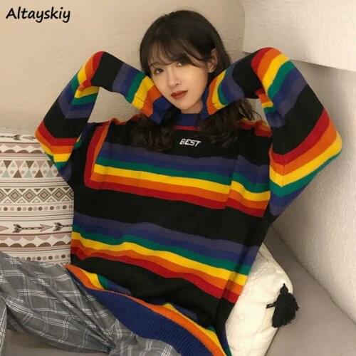 Pullovers Women Winter Loose Crewneck Rainbow Striped Sweater Ulzzang Chic Hot Selling Knitwear Jumper New Sweet Girl Trendy Fit
