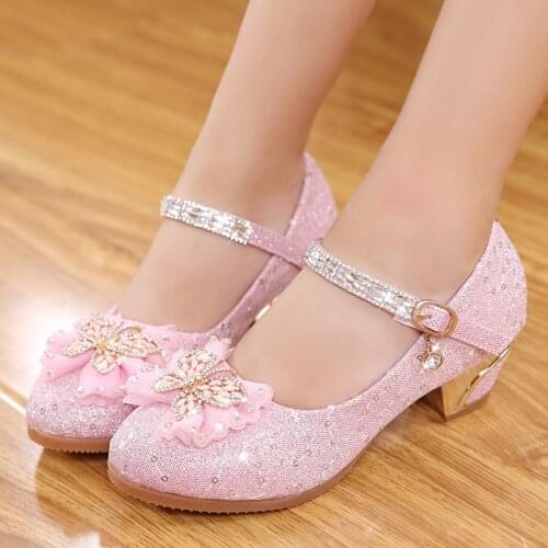 Girl Shoes for Kids New High-end Cute Kids Girls Party High Heels Children Princess Leather Sequins Diamond Shoes