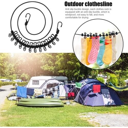 Outdoor Camping Drying Rack Clothes Line with 12 Clips Portable Travel Stretchy Clothesline Windproof Hanging Laundry Drying