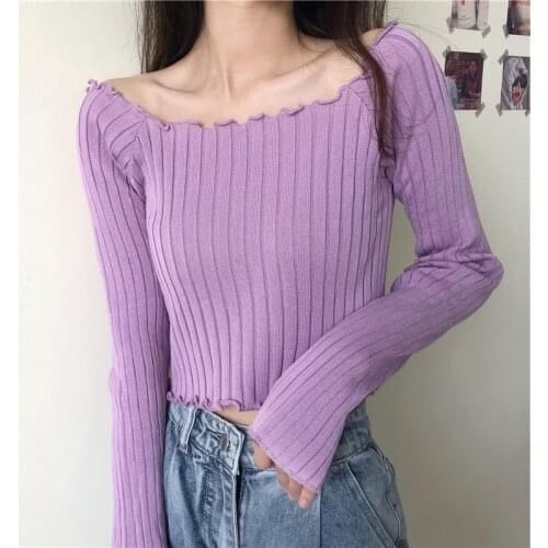 T Shirt for Women Girls Cropped Knitted Sweater Fashion Long Sleeve Tops Slim Sweaters Camisole Pink Purple Blue Shirt