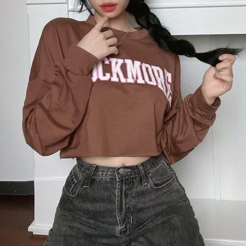 2021 Women Casual Crop Hoodies 90s Girls Tops Letter Print Long Sleeve Round Neck Sweatshirt Fashion Streetwear
