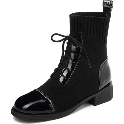 2020 Womens Flying Sock Boots Patent Leather Round Knit Wool Mid-calf Boots Slip-On Low Hoof Heels Polyurethane Women Shoes