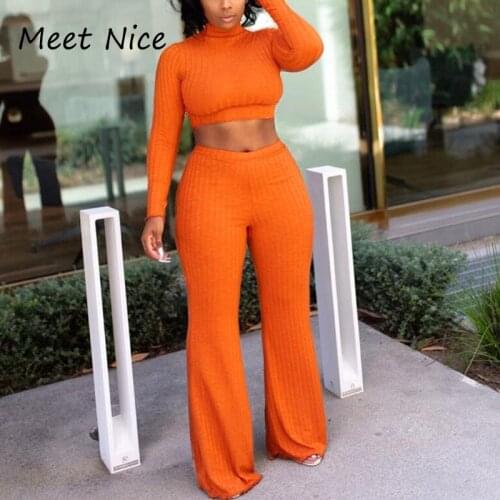 2 Two Piece Set Women Ribbed O Neck Crop Top and Long Pants Set Sexy Autumn Long Sleeve Tracksuit Women Conjunto Feminino