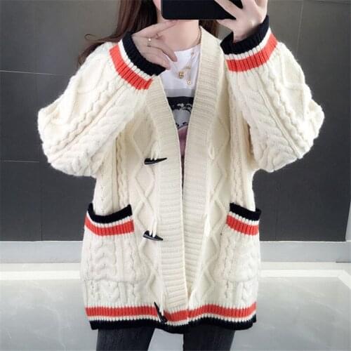 Autumn Winter Thick V-Neck Knit Sweater Cardigan Women Fashion 4 Color Loose Big Pocket Long Sleeve Knitted Jacket Coat Female