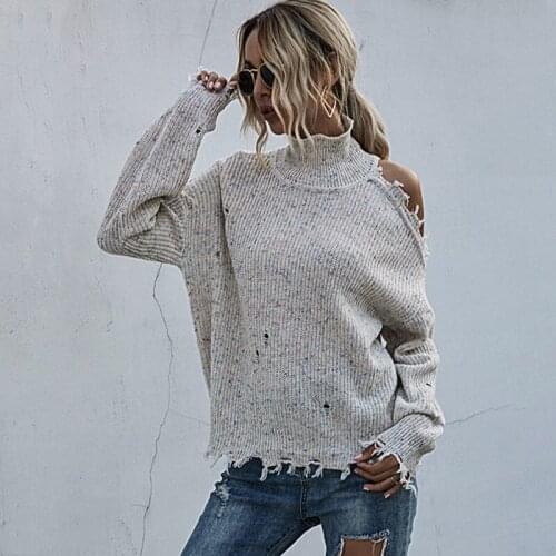 2021 Winter Knitted Grey Women Sweater Casual Loose Long Sleeve Turtleneck Hole Cold Shoulder Pullover Sweaters Flaa Tops Jumper