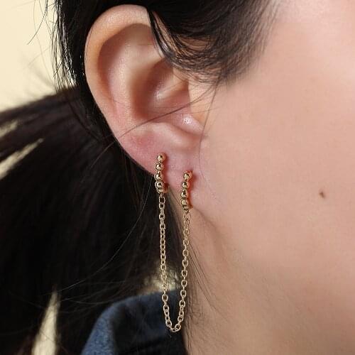 Gold Metal Double Huggie Ear Piercing Earrings for Women Trendy Long Chain Beaded Circle Hoop Earrings Hip Hop Jewelry