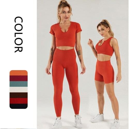 3/5PCS Seamless Women Yoga Set Workout Sportswear Gym Clothing Fitness Vest Short Sleeve Bra Top High Waist Leggings Sports Suit