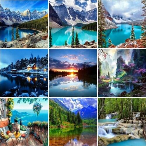 5D Full Drill Square Round Diamond Painting Lake Mountain Tree Rhinestone Diamond Embroidery Scenery Mosaic Home Decor