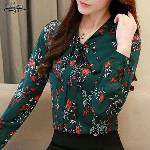 Blusa Fashion Womens Tops and Blouses Autumn 2021 Casual Chiffon Blouse Elegant Shirt Print Green Office Lady Blouse New 1780