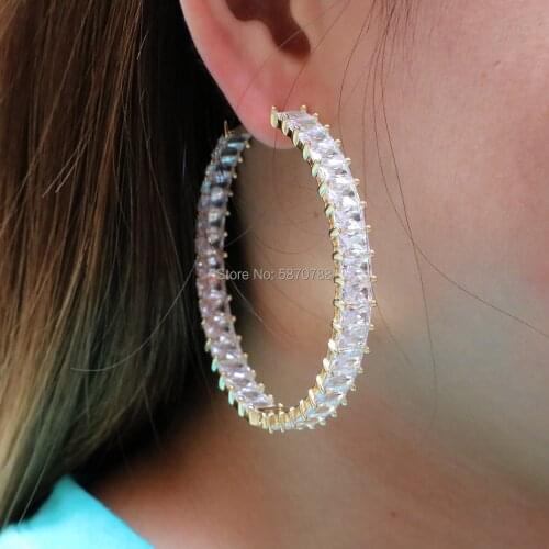 55mm Baguette Big Hoop-Earrings Rhinestone Zirconia Gold Plated Hoop Earring Bulk Trendy Jewelry For Women 2020
