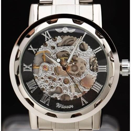New Top Brand Winner Men Military Sport Roman Skeleton Hand Wind Mechanical Watch Stainless Steel Strap Male Gift Wristwatches