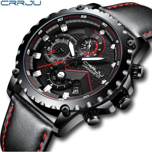 CRRJU Mens Watches Top Brand Luxury Quartz Black Watch Men Casual Leather Military Waterproof Sport Wristwatch Relogio Masculino