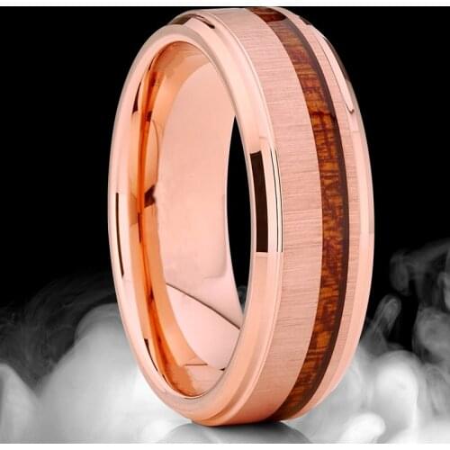 FDLK Mens 8mm Stainless Steel Rose Gold Color Ring Koa Wood Inlay Wedding Band Comfort Fit