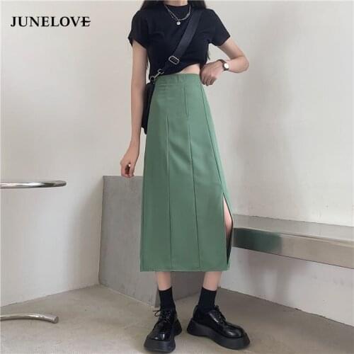 JuneLove Women Summer High Waist Midi Dress Vintage Korean Fashion Female Slim Split Dress Casual Street Lady A-Line Skirts