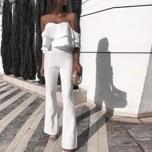White Summer Womens Jumpsuit Solid Off Shoulder Loose Straight Pants Ruffle Bodysuit Sexy Waisted Elegant Office Lady Playsuits