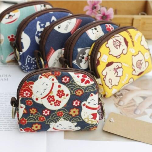 Retro Mini Bag Women Coin Purses Kawaii Short Wallet Girls Cat Small Canvas Purse Card Bags Womens Hand Purses for Ladies Kids