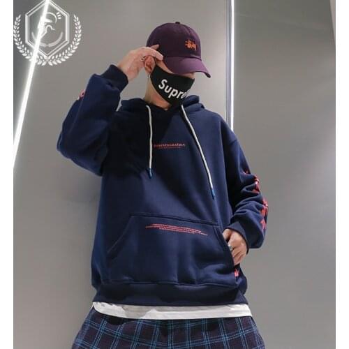 Men Fashion Loose Print Fleece Heavyweight Casual Pullover Hip Hop Sweatshirts with Hooded
