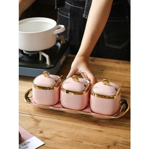 Set of 3 Ceramic Spice Jar Salt Pepper Storage Box Container with Tray Spoon Rack Kitchen Accessories Tools Gadget Organizer