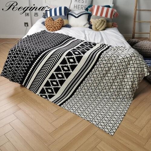 REGINA Brand Pure Cotton Knitted Throw Blanket Adult Classic Black White Elegant Geometric Women Office Wearable Plaid Blankets