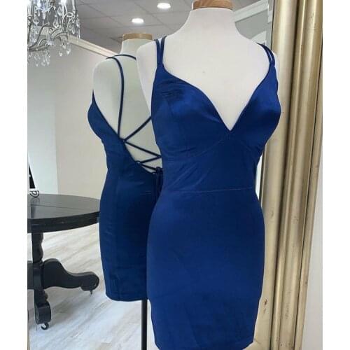 Sexy Short Bodycon V-Neck Satin Burgundy Homecoming Dresses Blue Knee Length Criss Cross Strap Graduation Dresses for Teens