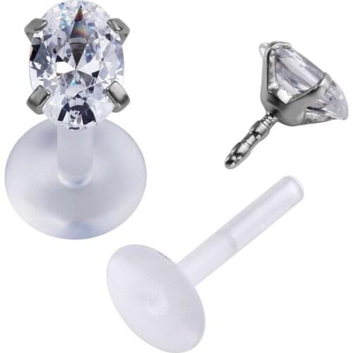 Jovivi 16G Stud Ear Flexible Acrylic Oval Cubic Zirconite Gem Tragus/Helix/Cartilage Earrings Stud Bar Length 1/4" Ear Piercing