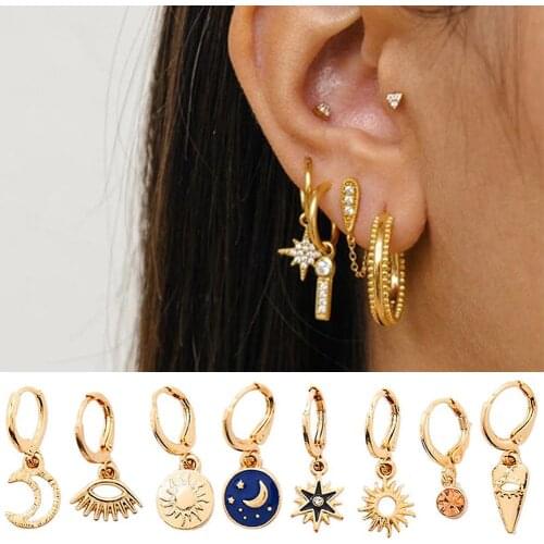 JUST FEEL Star Moon Hoop Earrings for Women Gold Small Eyes Tiny Huggie Charm Hoops Earrings With Rhinestones Minimalist Jewelry