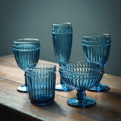 Blue Glass Cups High Stand Putins Whisky Cup Drinkware Salad Bowl Icecream Cup Luxury Engraving Glass